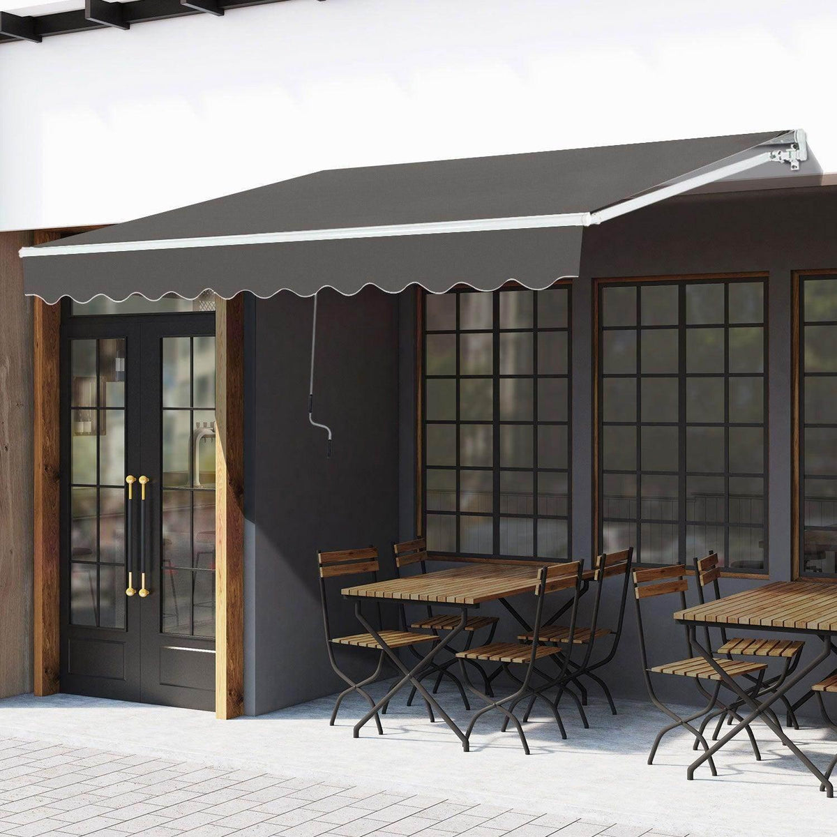Grey window awning canopy with scalloped valance and angled roof over a wall