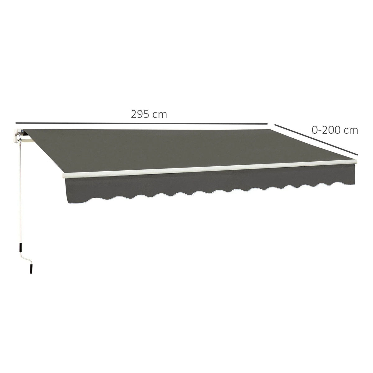Grey retractable window awning canopy with scalloped front edge and side supports