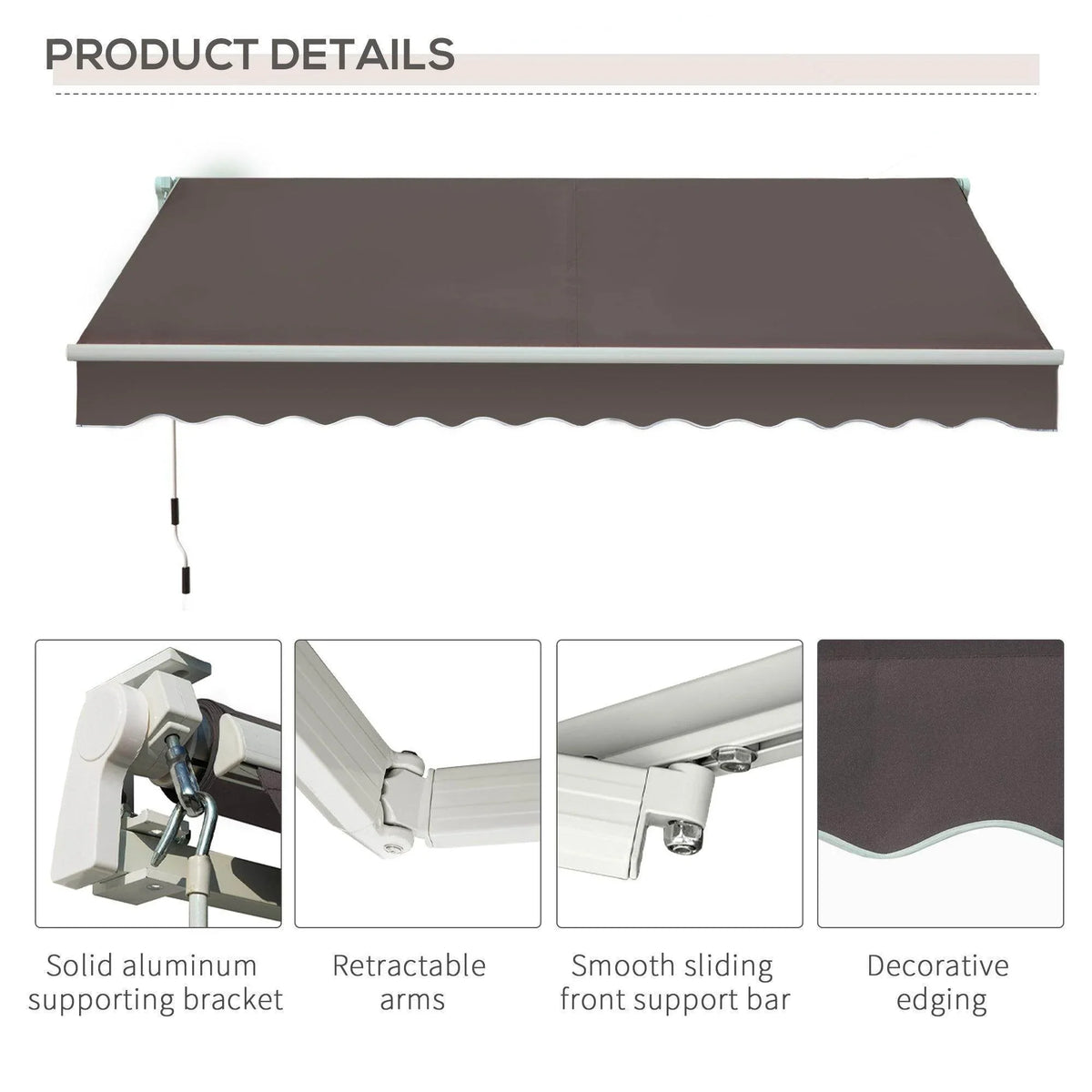 Grey awning fabric canopy with metal support arms and scalloped valance detail