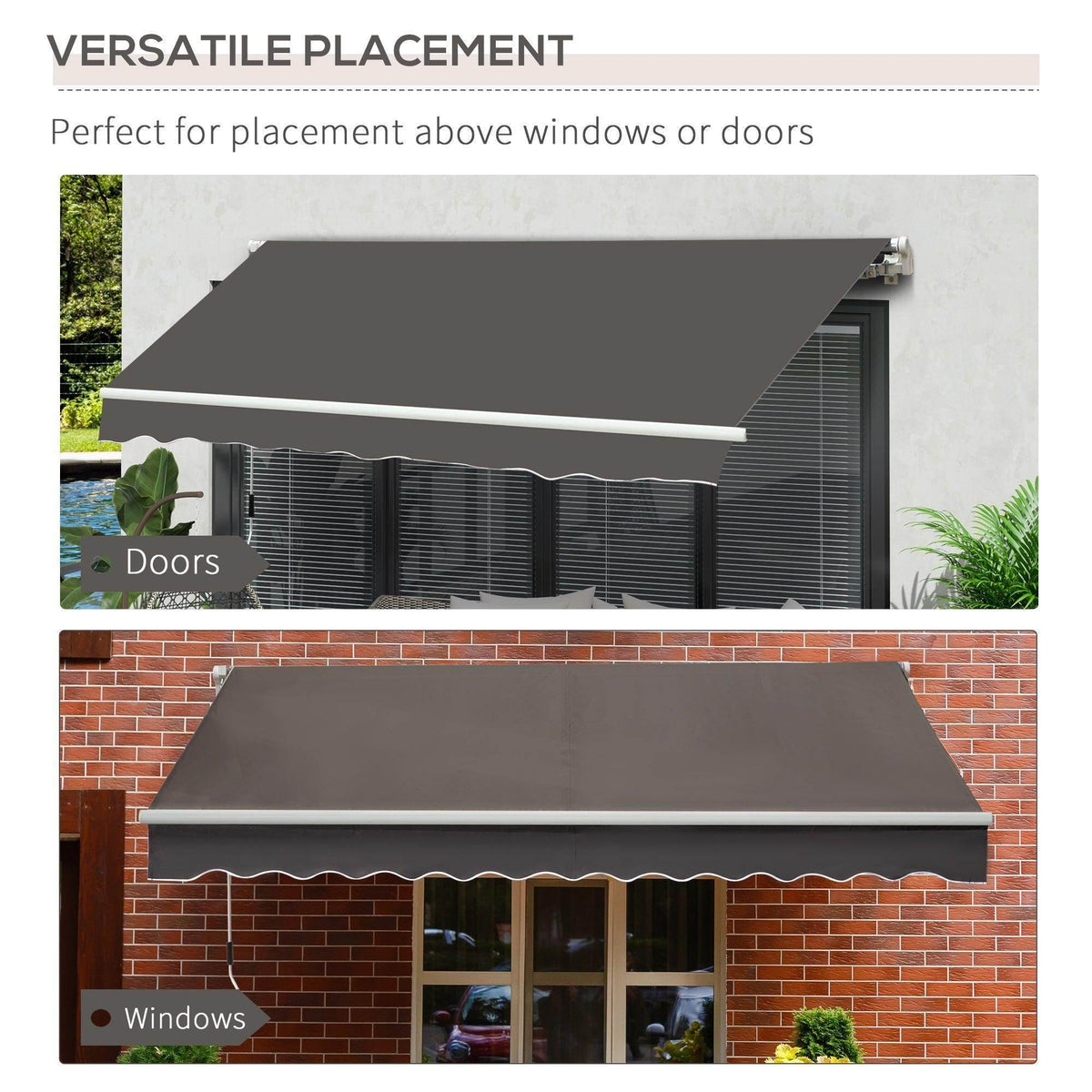 Grey awning canopy with scalloped valance mounted above window and door openings