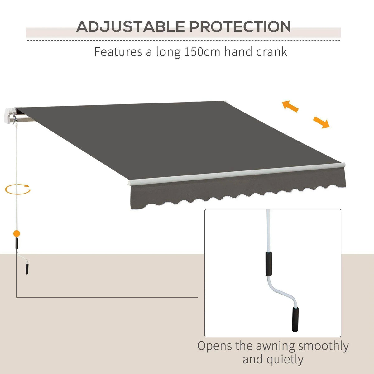 Grey manual window awning with hand crank mechanism, arms, and scalloped front edge