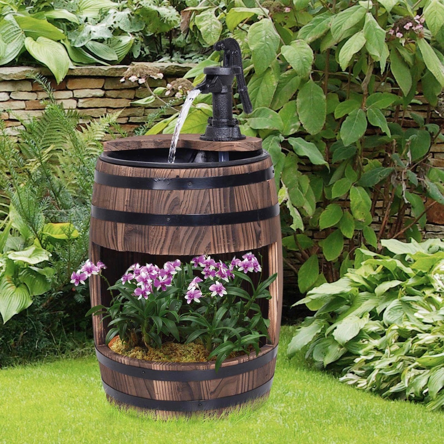 Outsunny Wood Barrel Patio Water Fountain with Flower Planter - ALL4U RETAILER LTD