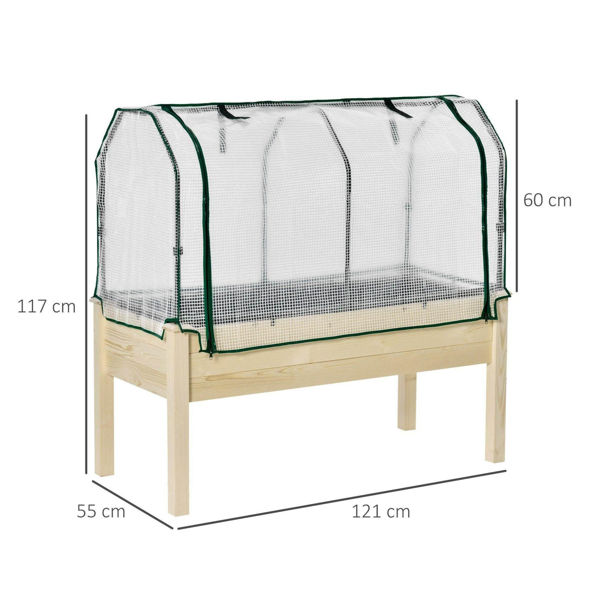 Wood planter box with greenhouse cover, white mesh front with green trim and black arches