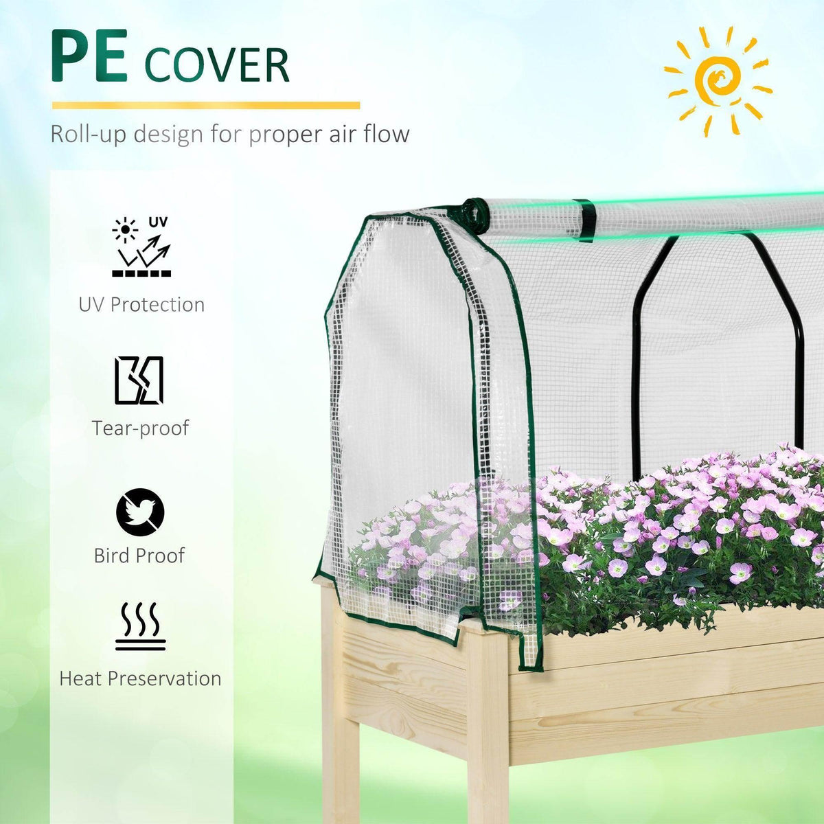 Elevated wood planter with greenhouse cover, white mesh panels and pink blossoms inside