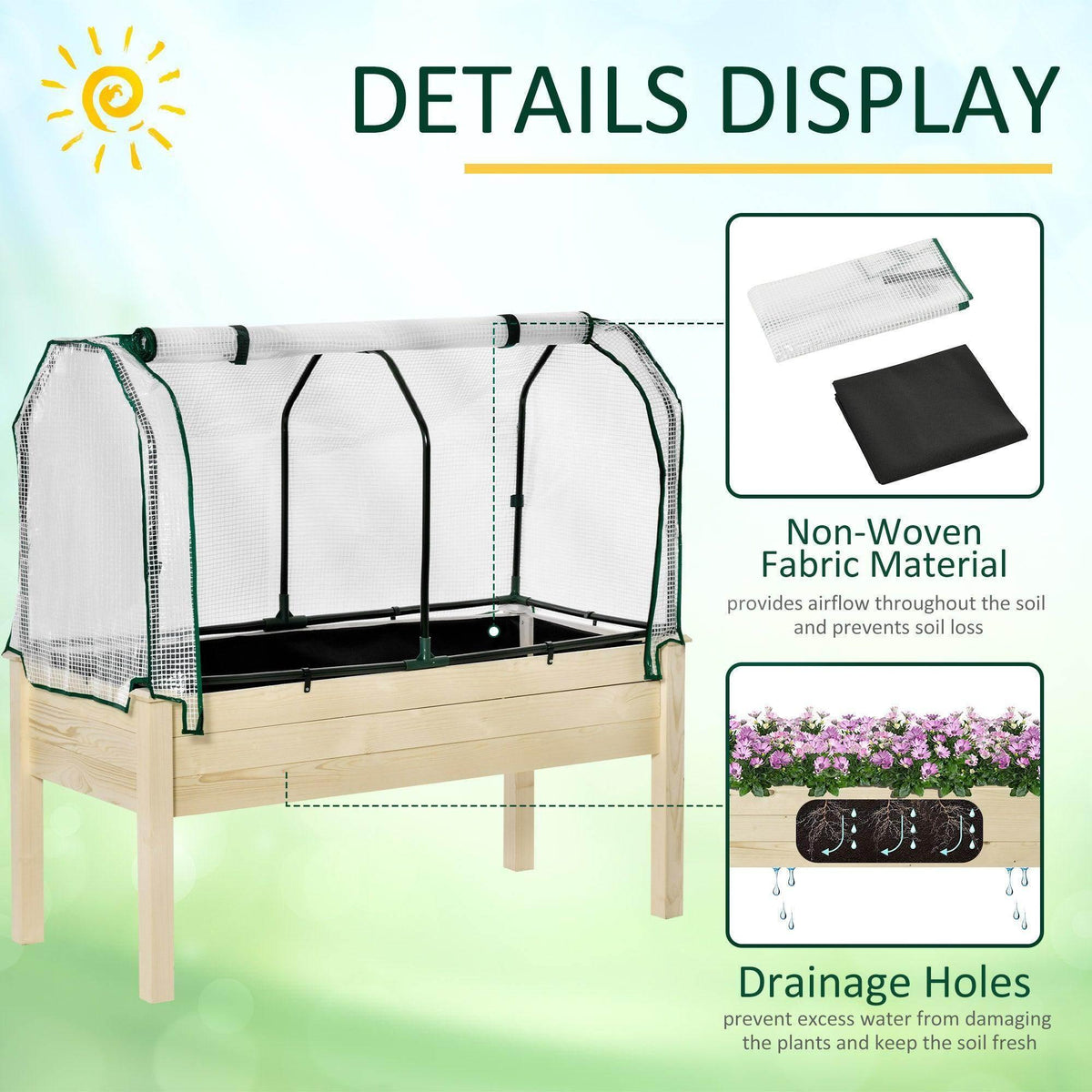 Wood planter box with greenhouse cover, white nonwoven mesh fabric and drainage holes