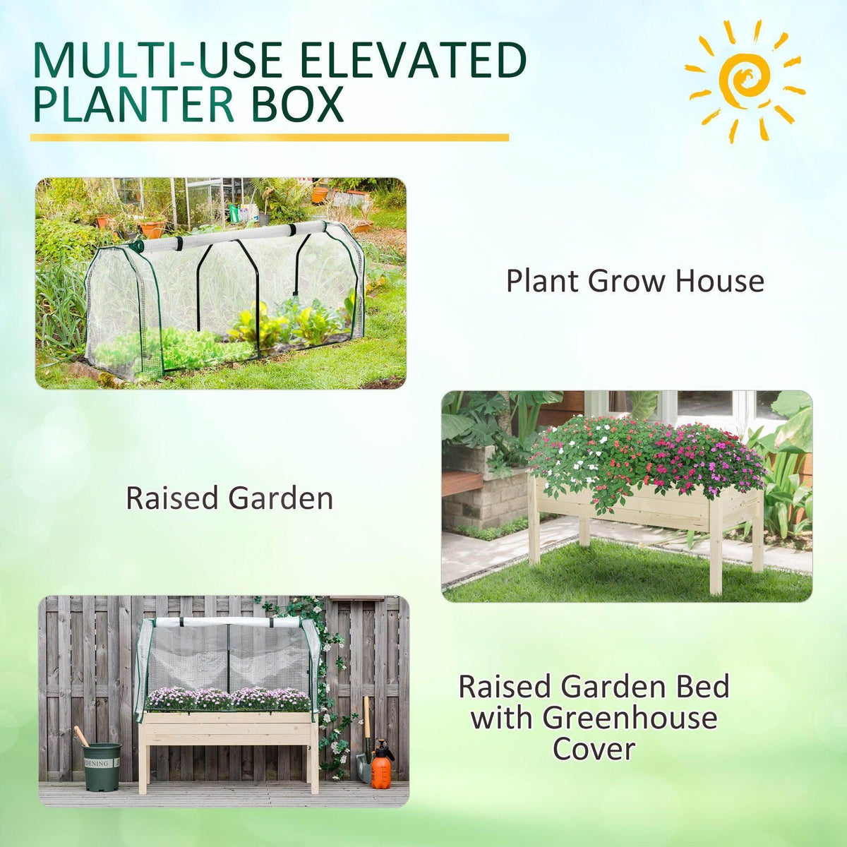 Elevated wood planter box with greenhouse cover, raised bed with white mesh tunnel