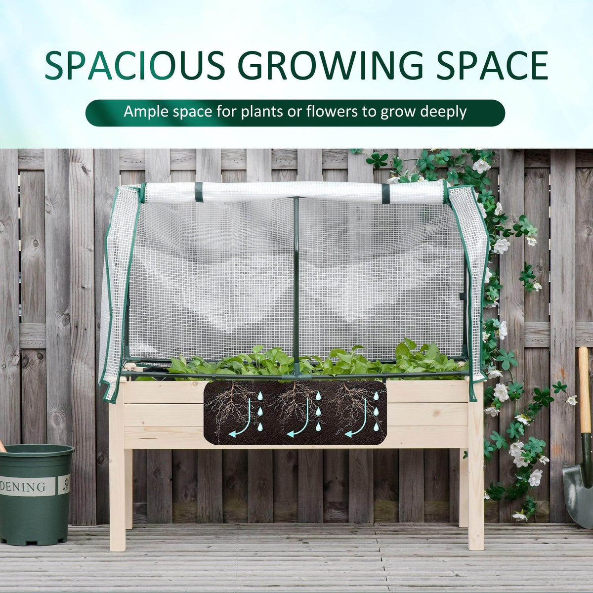 Wood planter box with greenhouse cover, white mesh canopy and planting pockets inside