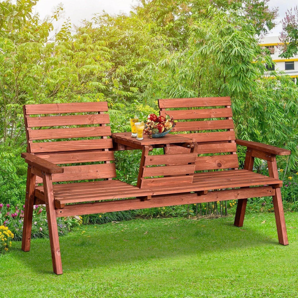 Wooden garden loveseat bench with slatted seat and center table, red-brown finish
