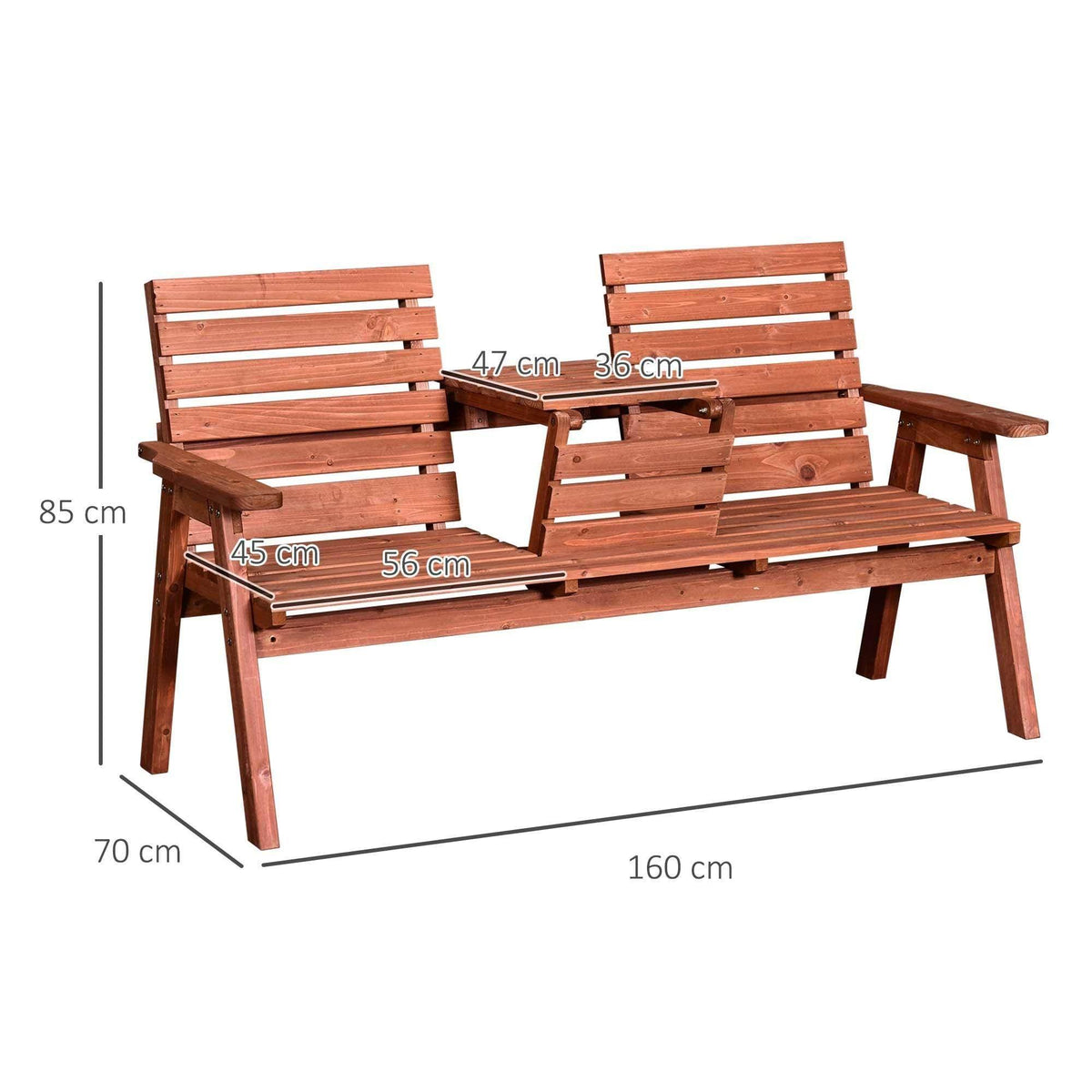 Wooden garden bench loveseat with center table; slatted seat and back, red-brown