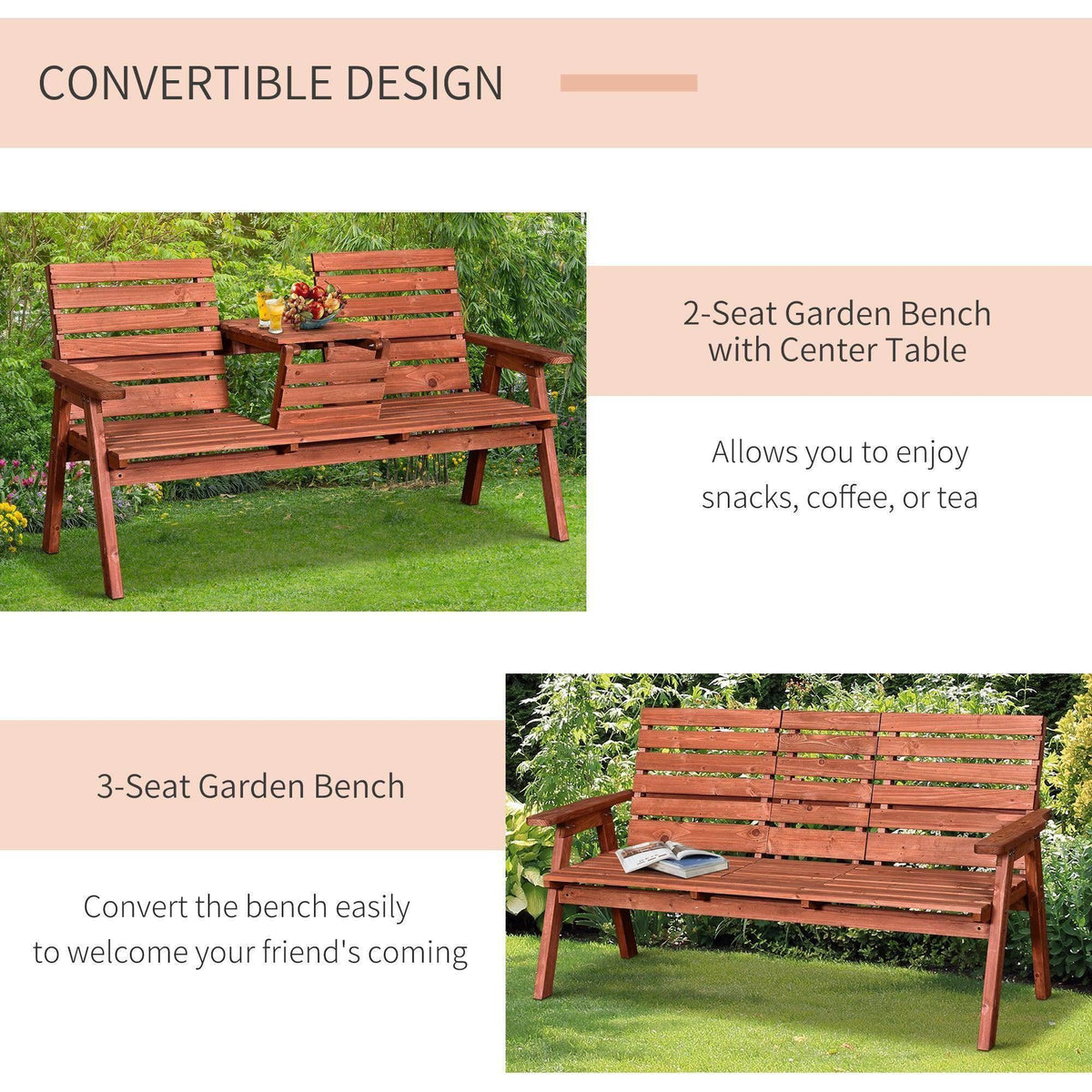 Convertible wooden garden loveseat bench with center table, slatted back and seating