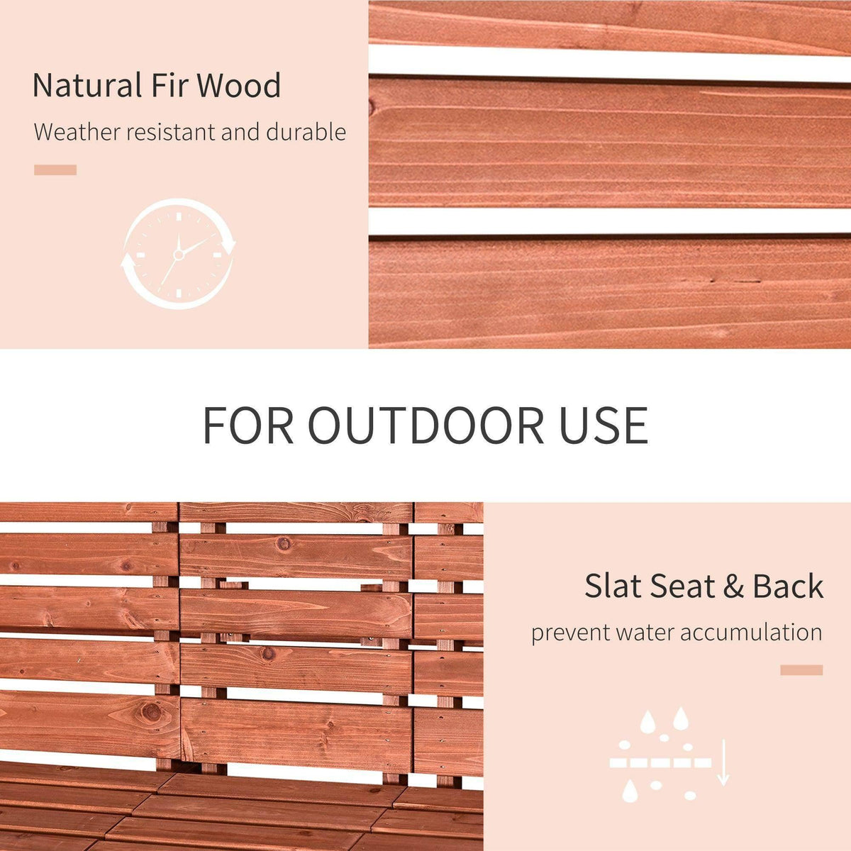 Slatted seat and back on red-brown fir wood outdoor bench