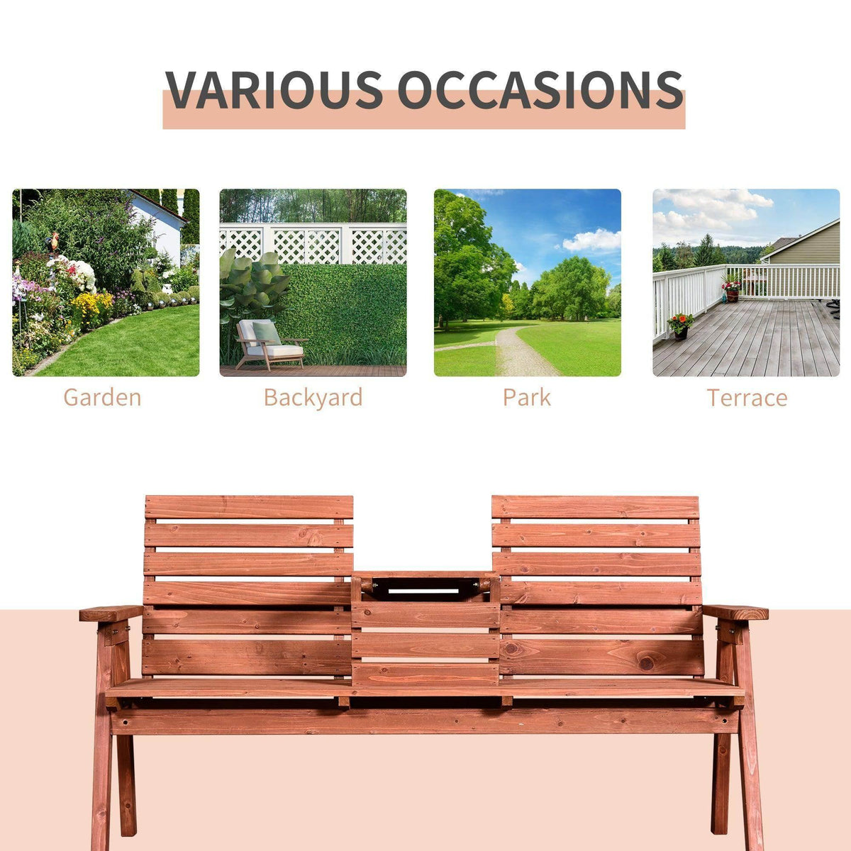 Red-brown wooden garden bench loveseat with center table and slatted seating
