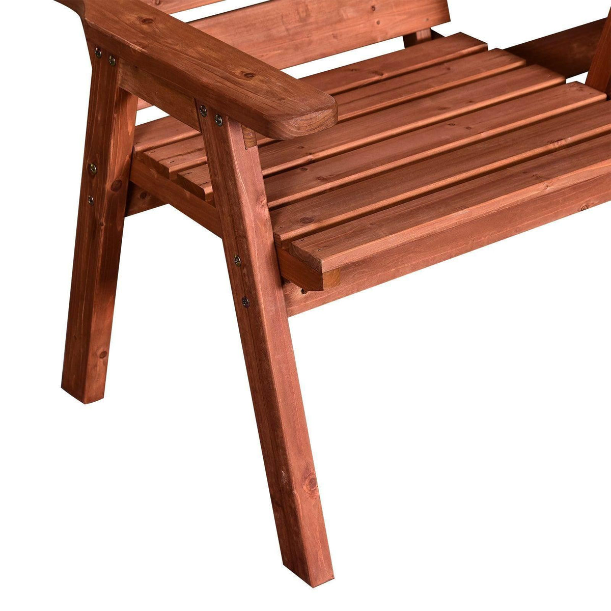 Wooden garden bench armrest and tapered legs in red-brown finish