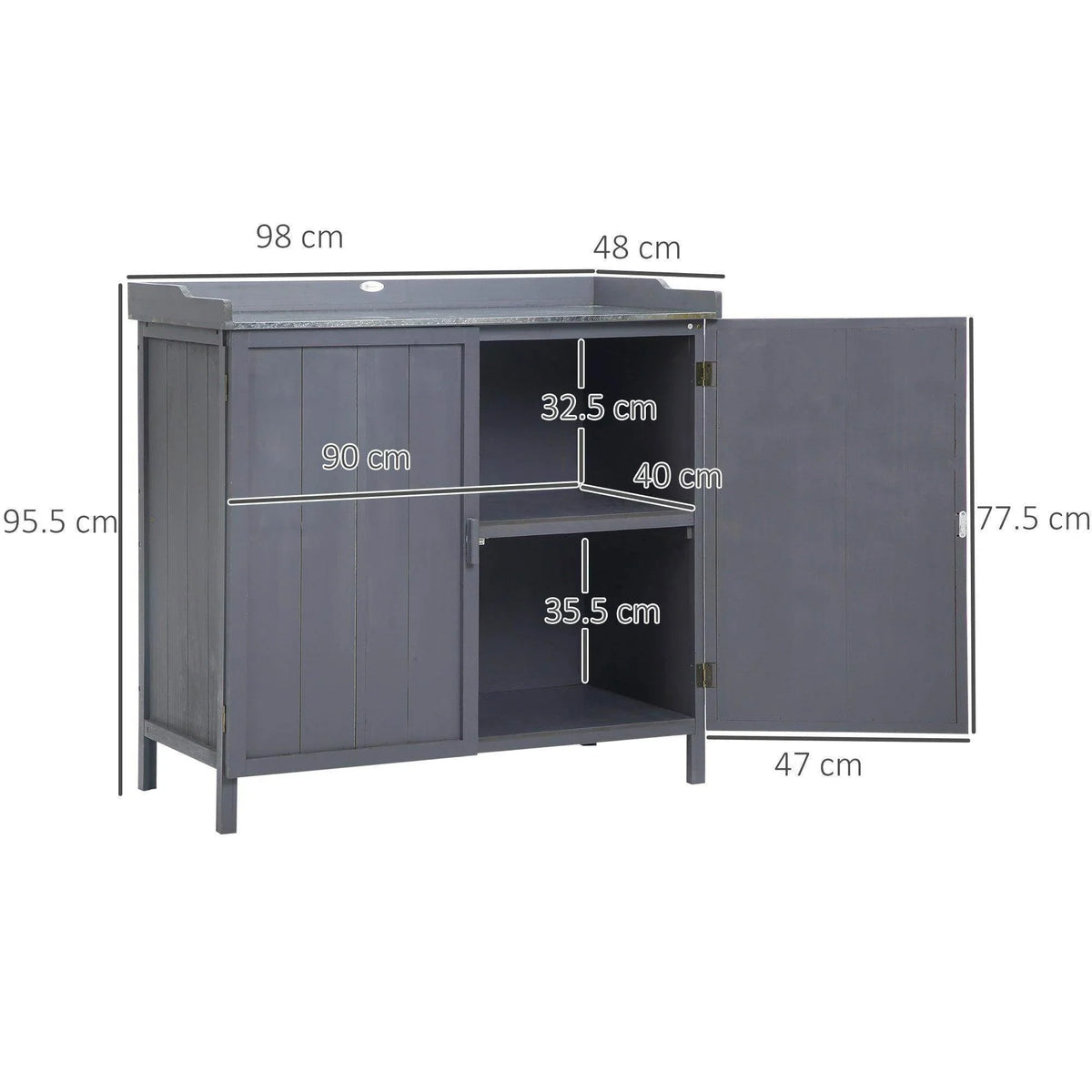 Grey storage shed with open side panel showing interior shelves and double doors