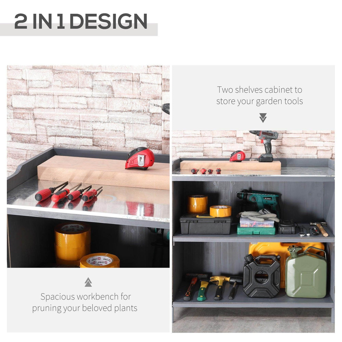 Grey potting bench storage shed with open compartments for garden tool organization