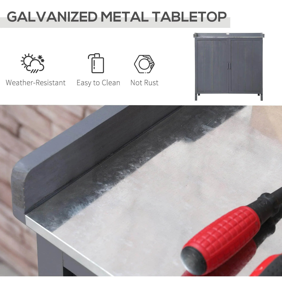 Grey potting shed with galvanized metal tabletop, weather-resistant and easy-clean