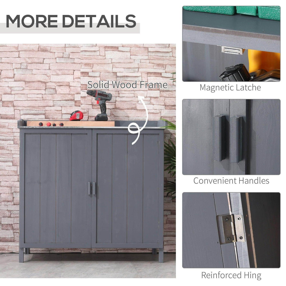 Grey storage shed with solid frame, convenient handles, and reinforced hinges