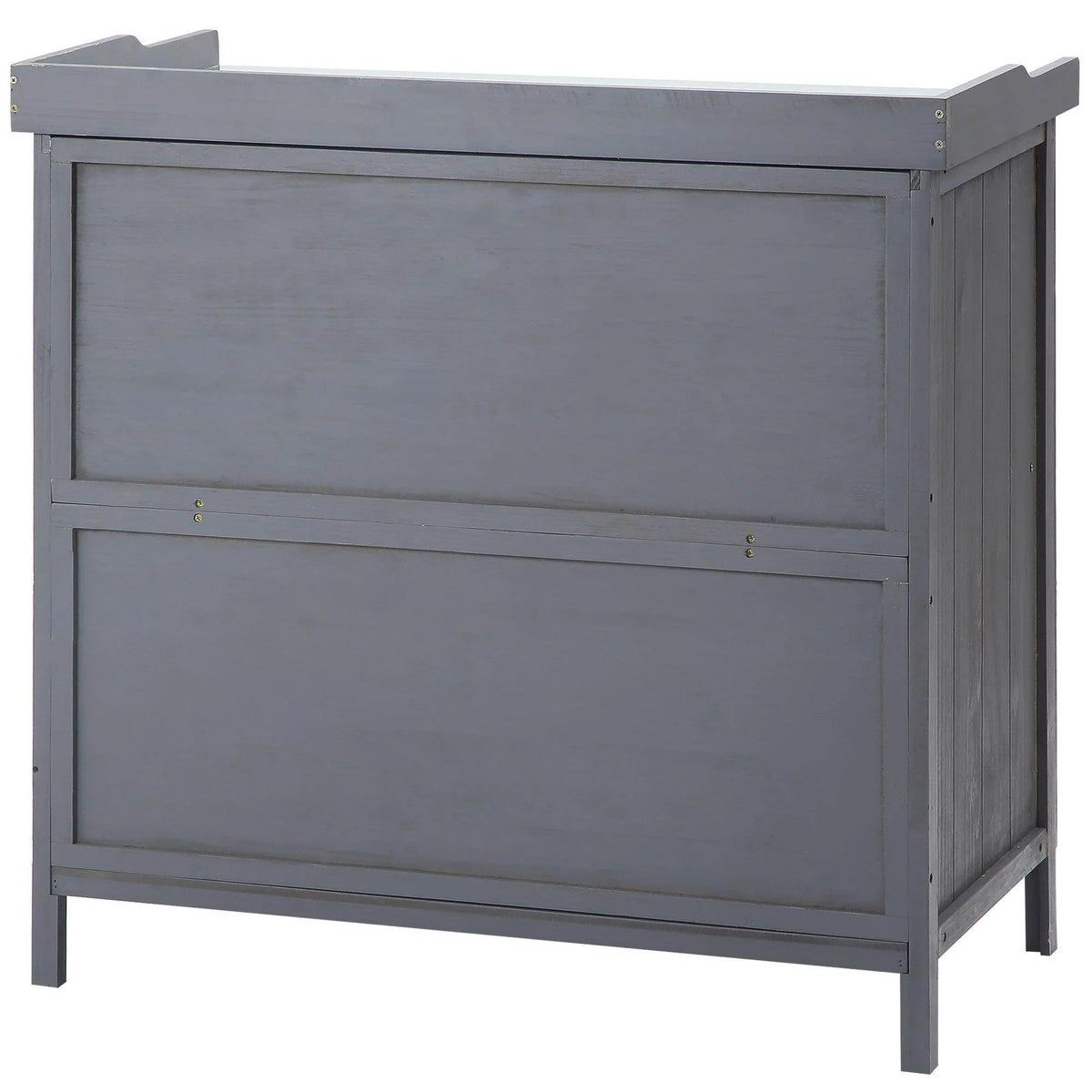 Grey garden storage cabinet shed with two-door front and raised side panels