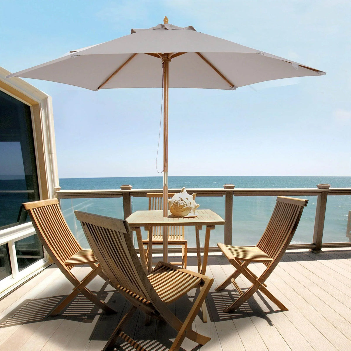 Grey wooden garden umbrella canopy with open frame and central pole