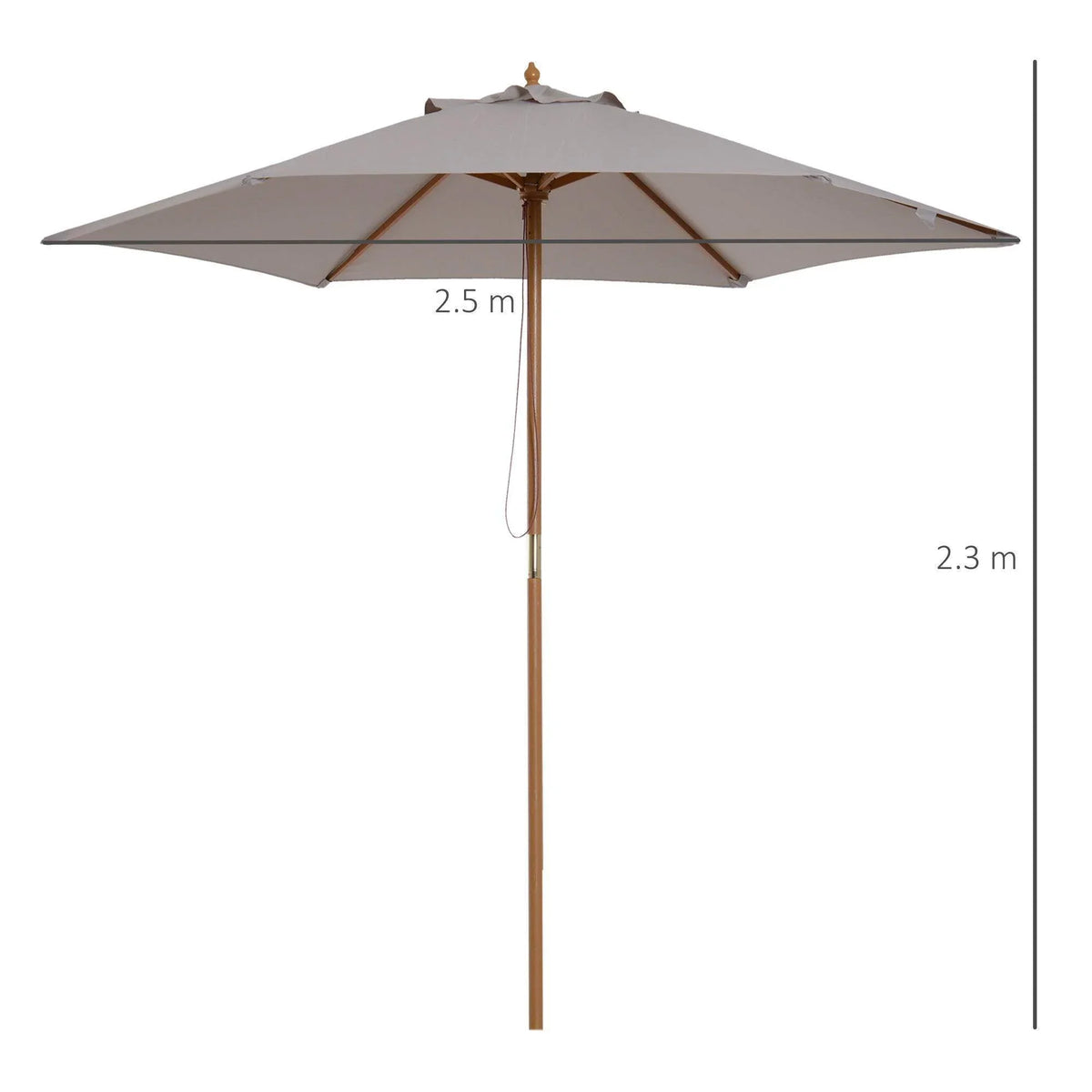 Grey garden umbrella canopy with wooden pole for outdoor shade
