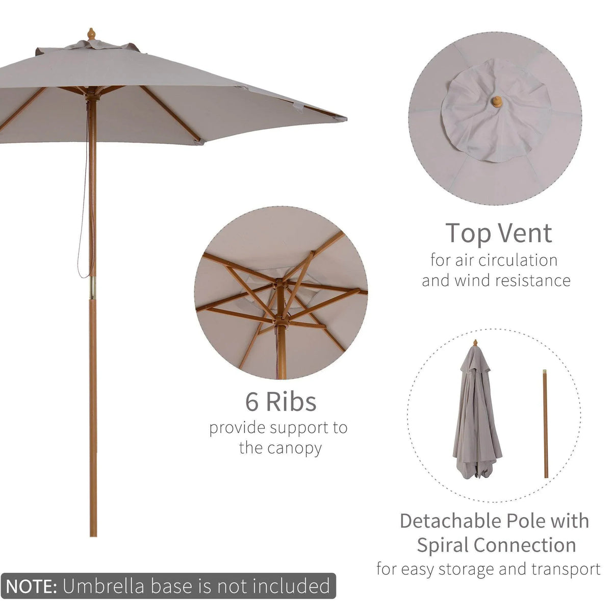 Grey umbrella canopy with top vent and 6-rib support frame