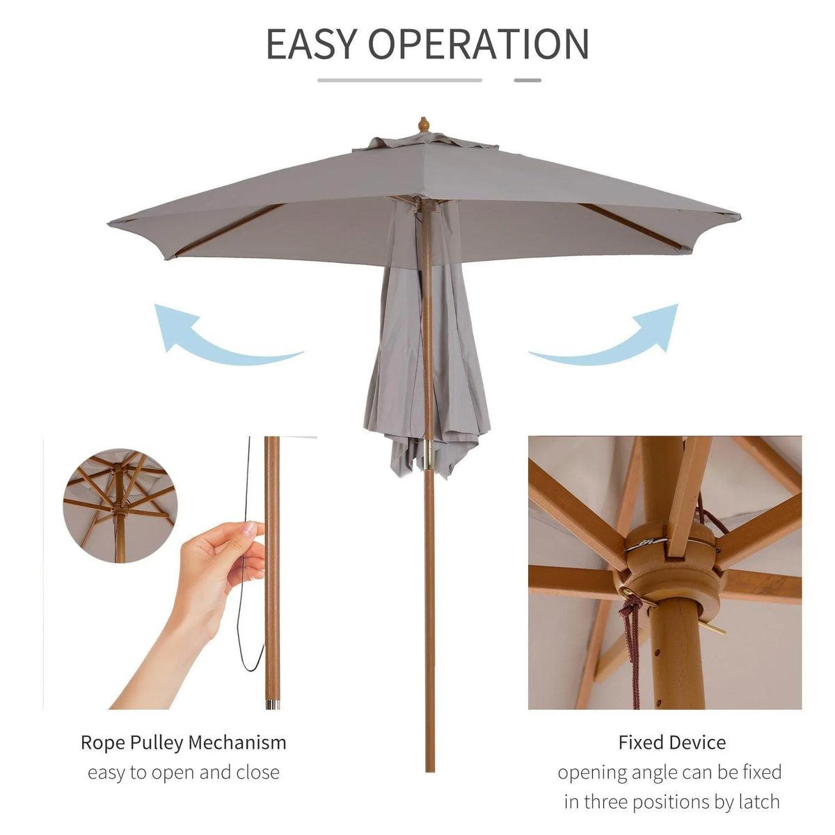 Grey umbrella canopy with rope pulley opening system and latching device