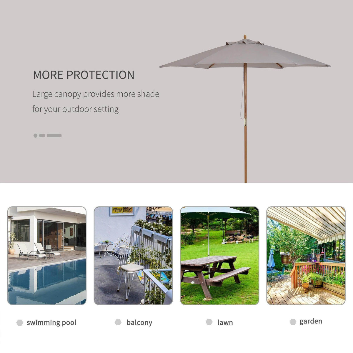 Grey umbrella canopy on wooden pole providing large outdoor shade