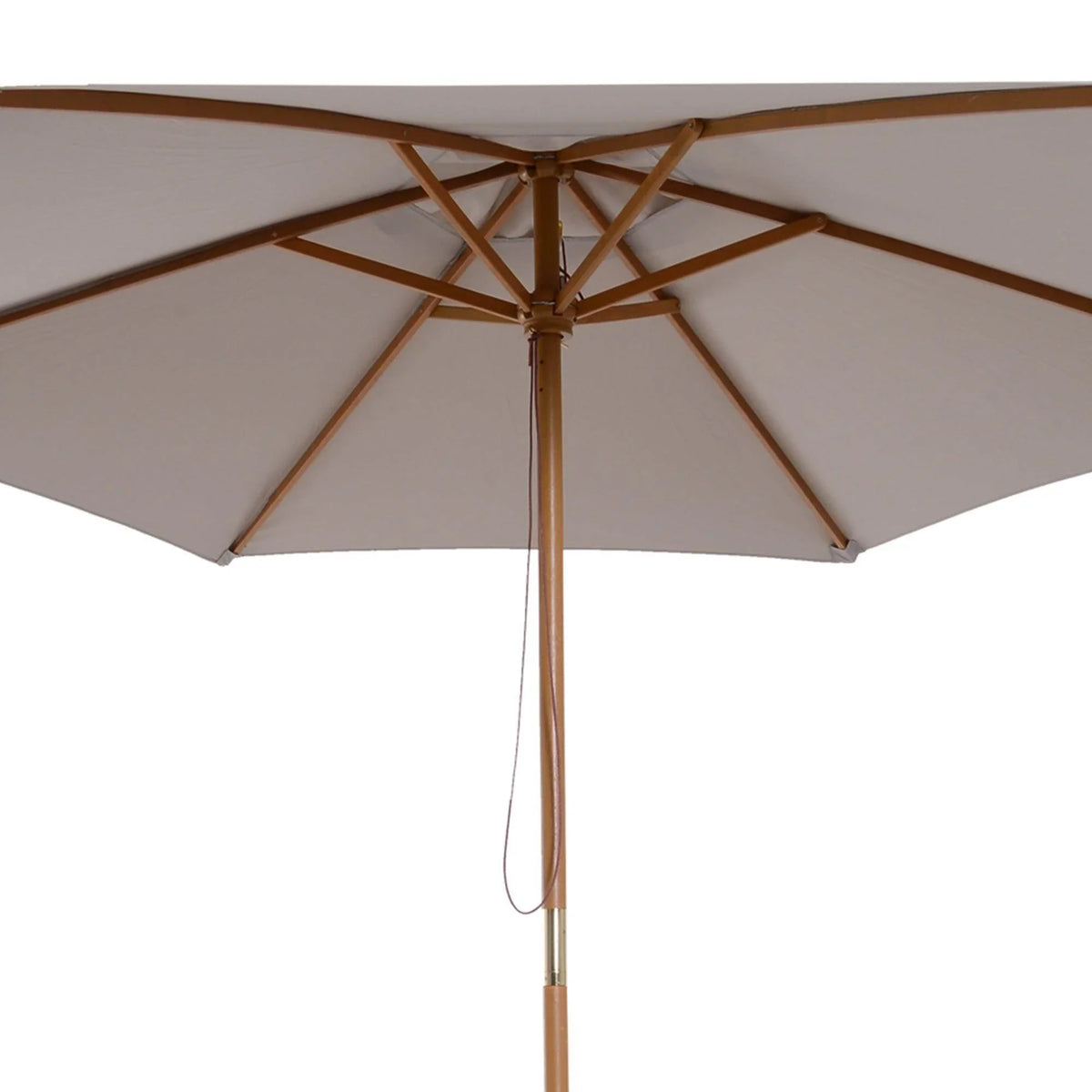 Grey umbrella canopy underside with wooden rib frame and center pole