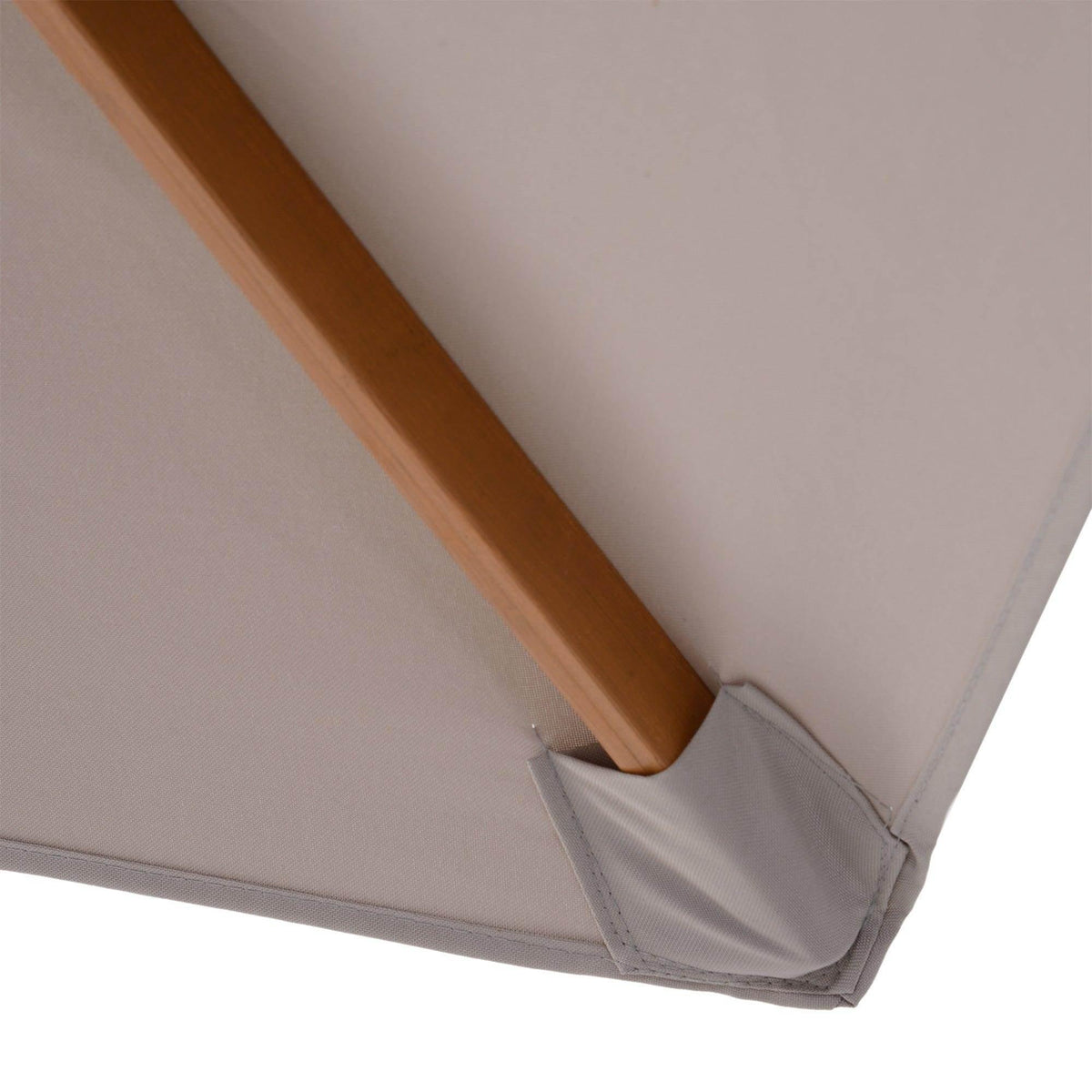 Grey umbrella canopy corner with fabric strap and wooden support beam