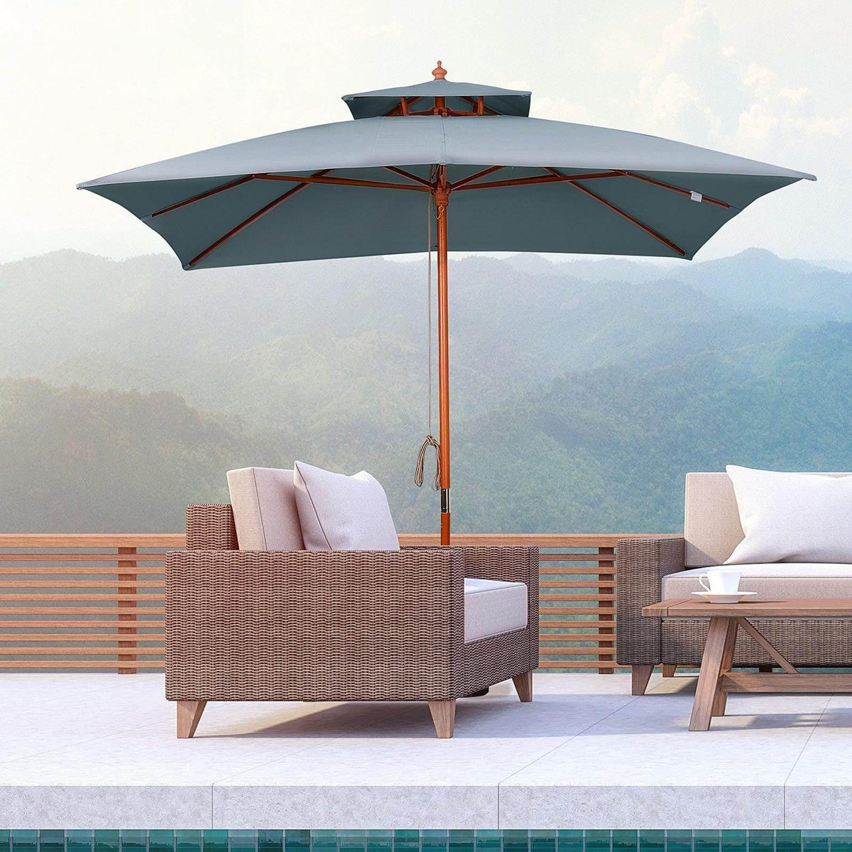 Dark grey pagoda patio umbrella with wooden center pole and scalloped canopy panels