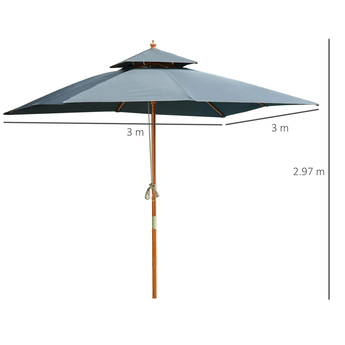 Dark grey pagoda umbrella with wooden center pole and wide canopy, open position