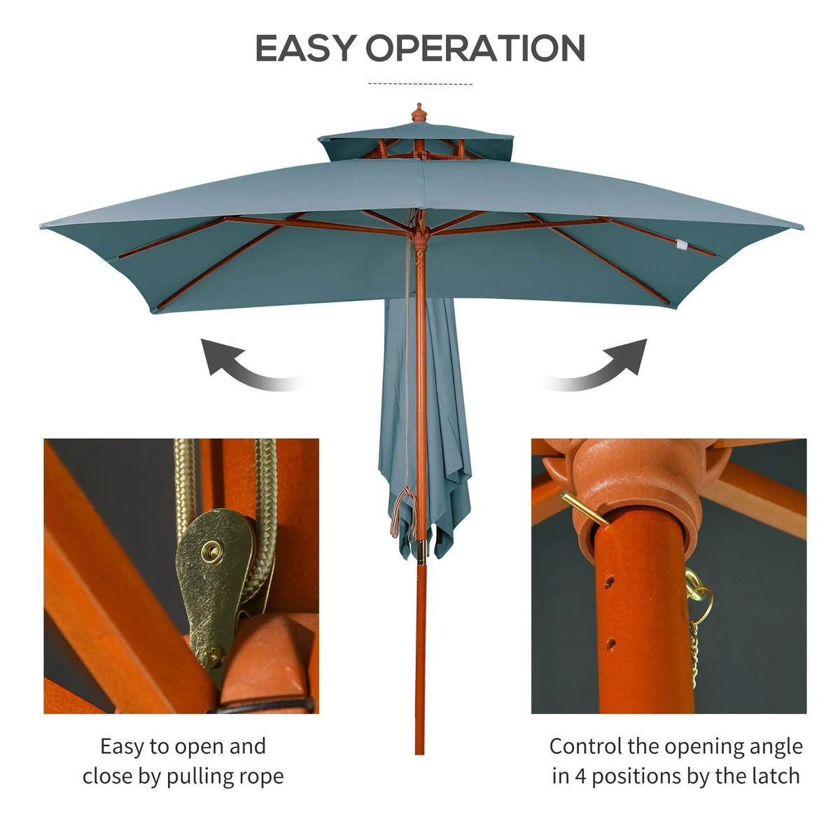 Dark grey pagoda umbrella with wooden pole and rope latch for opening and closing