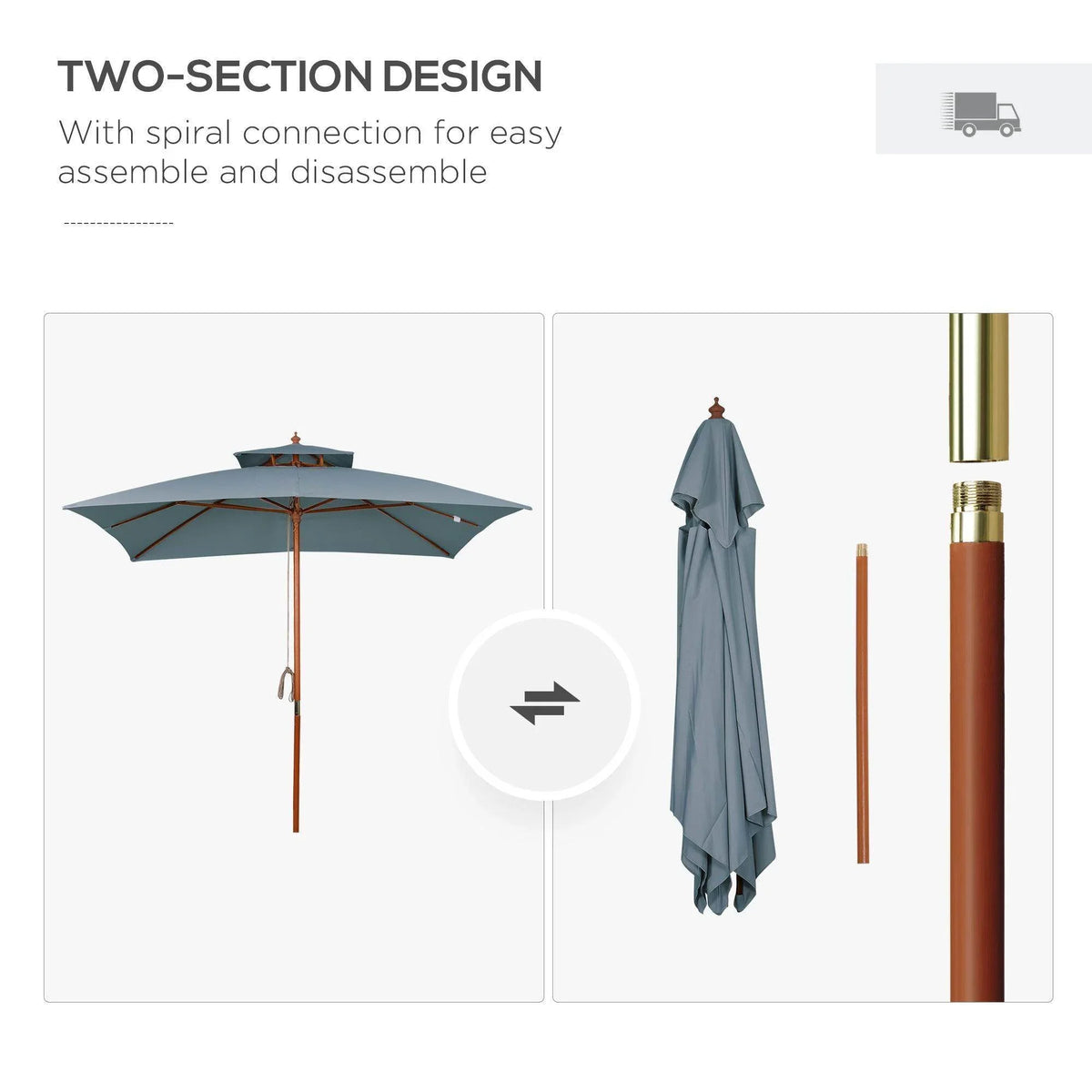 Dark grey pagoda umbrella with two-section pole design for easy assembly