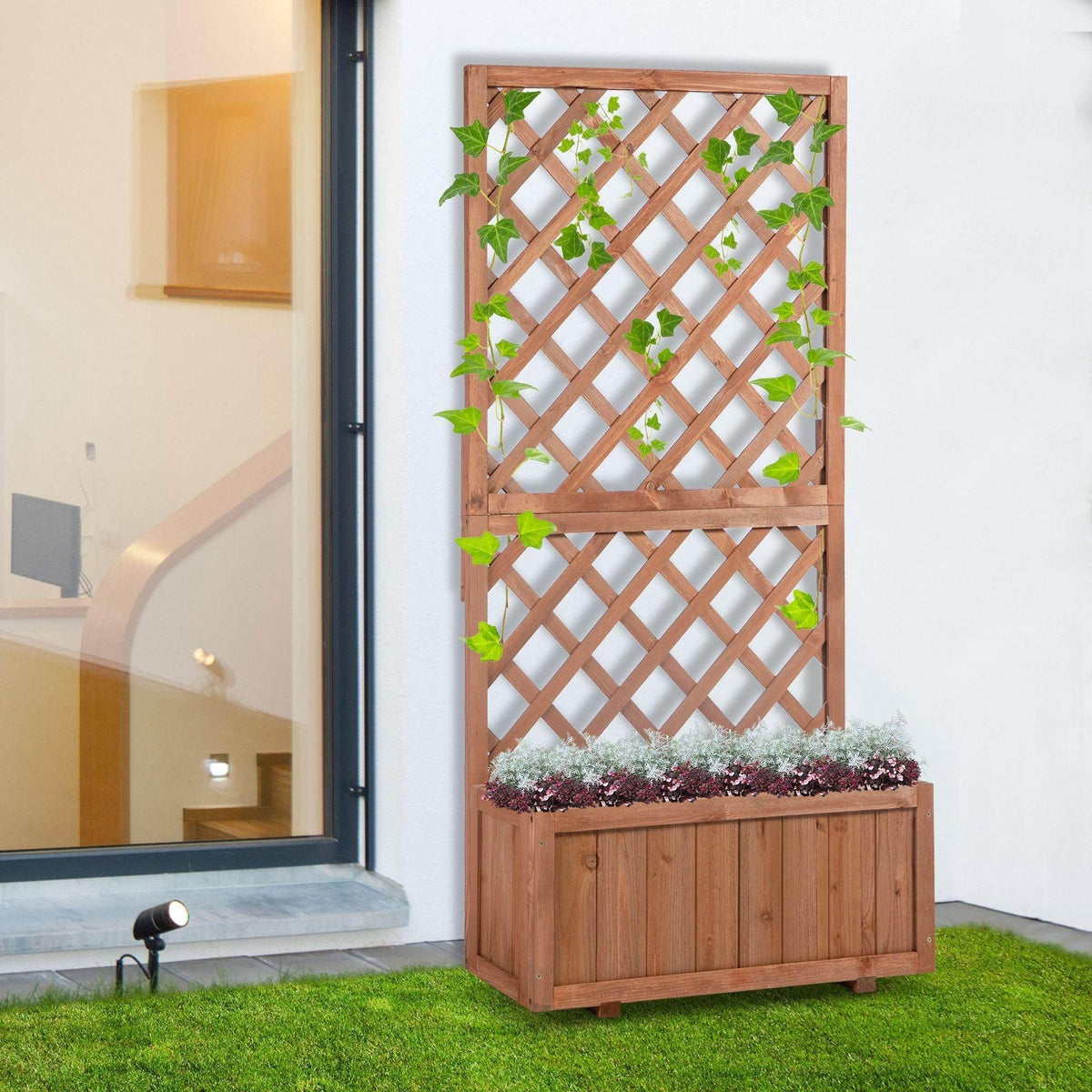 Wooden planter box with diamond lattice trellis and small climbing plants