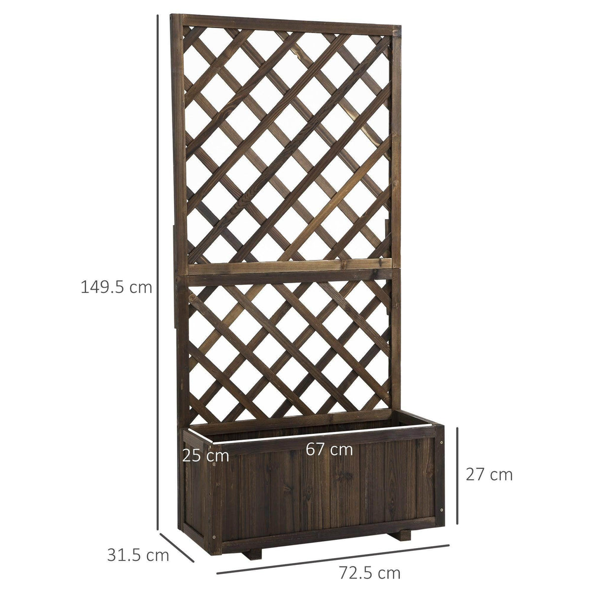 Wooden diamond lattice trellis planter with raised front planting bed