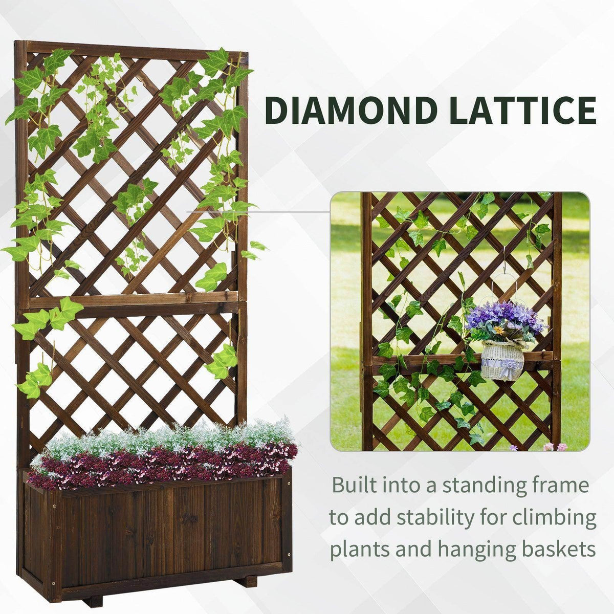Wooden pine trough planter with diamond trellis frame and raised planter box