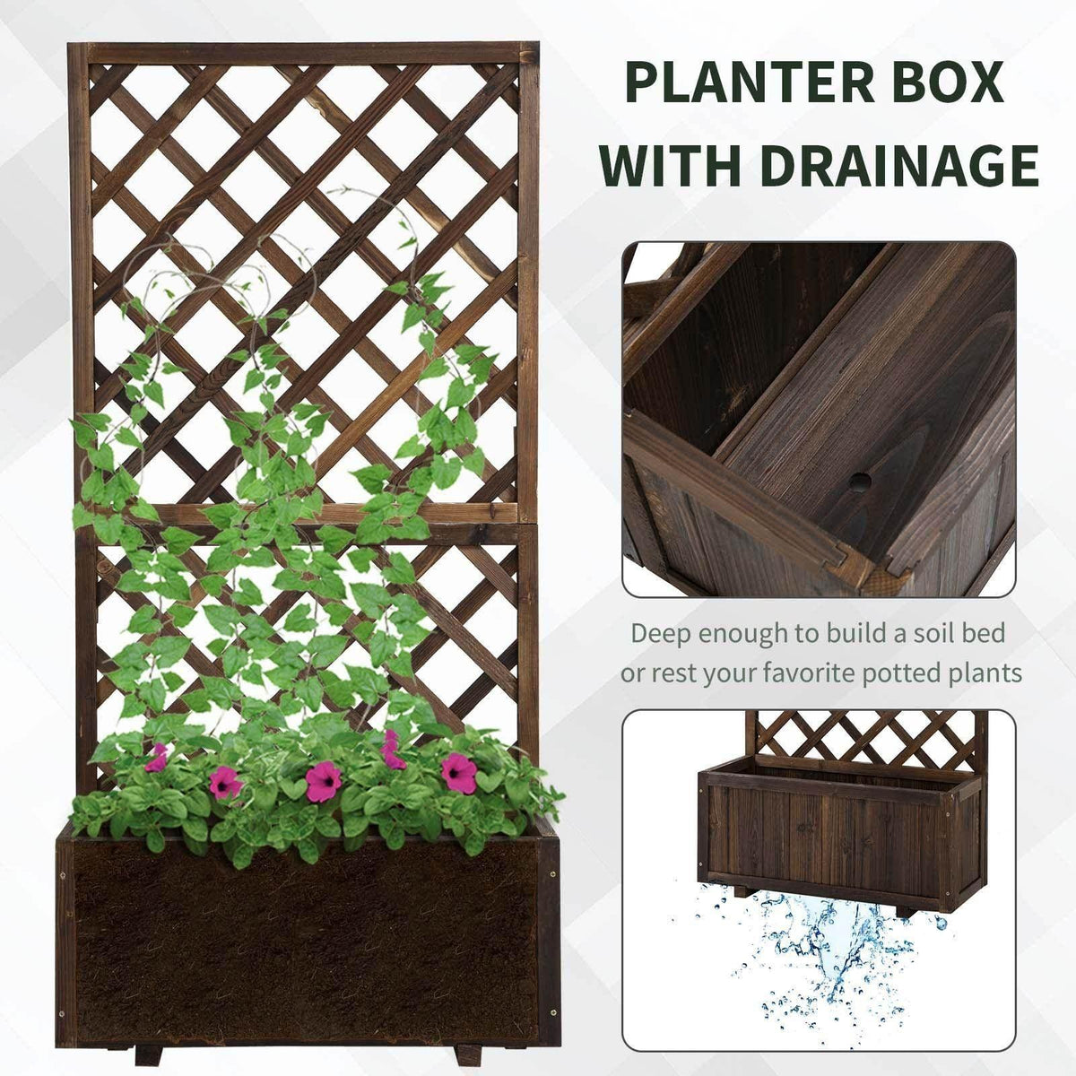 Wooden trough planter with diamond trellis and drainage-ready planter box detail