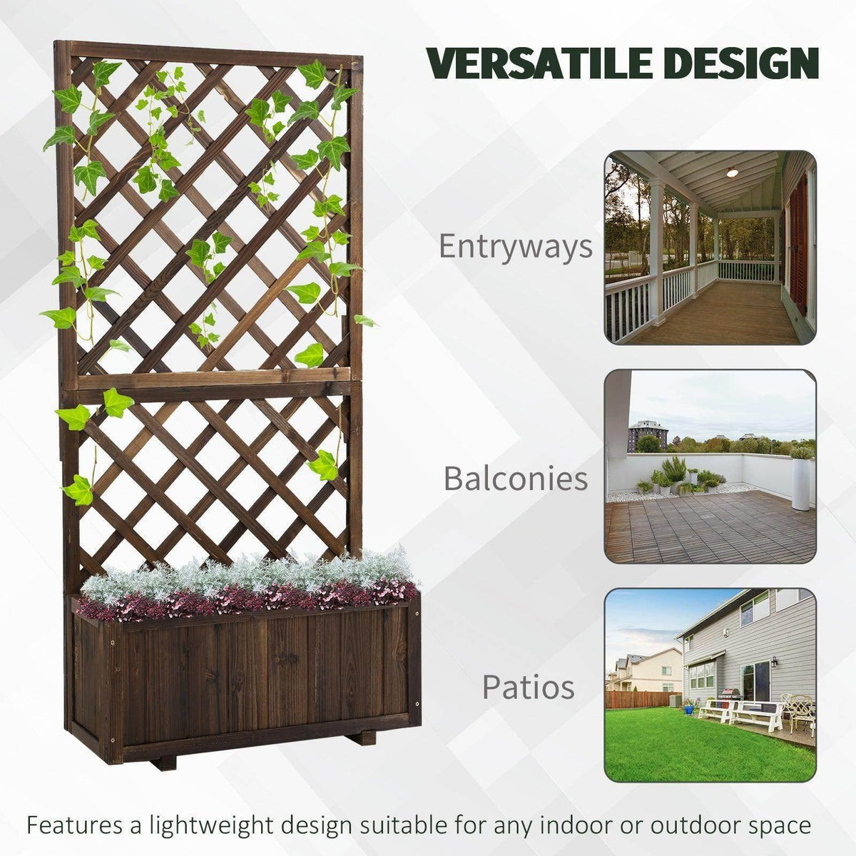 Wooden pine trough planter with attached lattice trellis and plant-filled planter box