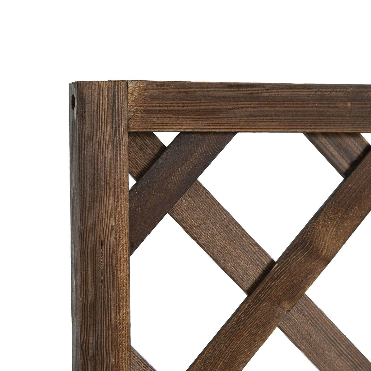 Brown wooden diamond trellis corner joint with cross-brace lattice