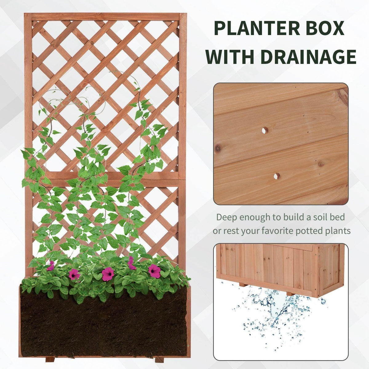 Wooden trellis planter with diamond lattice and flowering plants in the bed