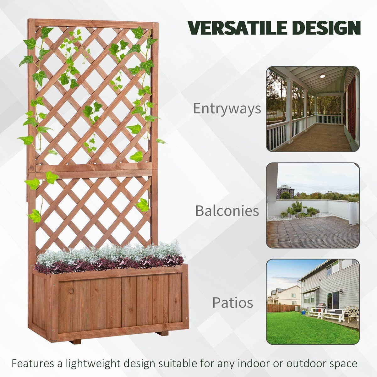 Wooden planter with diamond lattice trellis and planter box with scattered greenery
