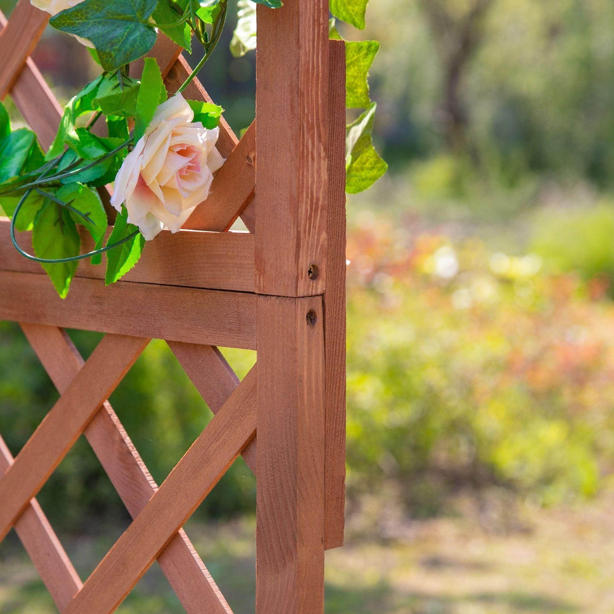 Wooden trellis post with attached rose bloom and climbing leaves