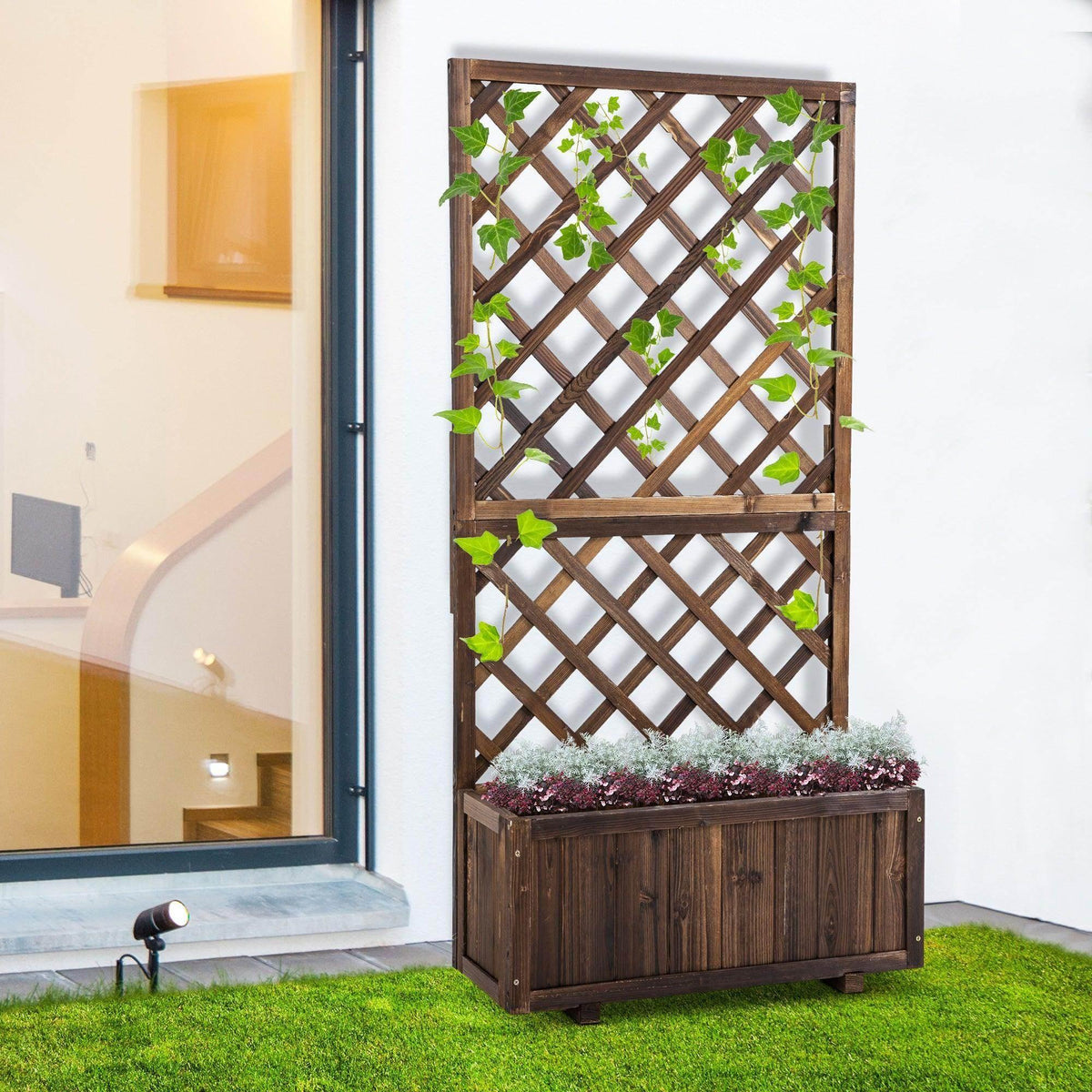 Wooden planter box with diamond lattice trellis and green climbing plants