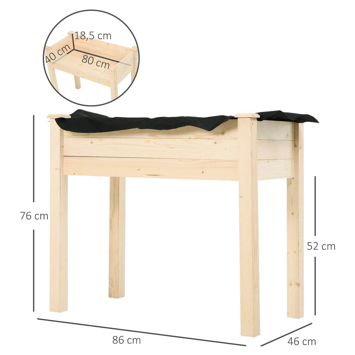 Pine wooden raised garden planter with black cover and side profile measurements