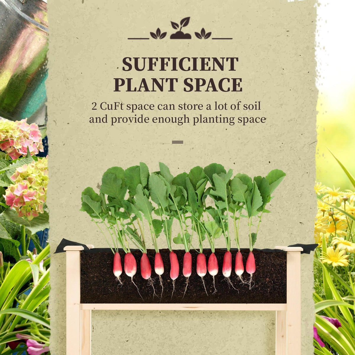Light wood raised planter filled with soil, rows of red radish seedlings