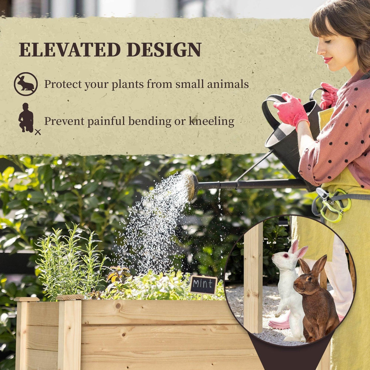 Tall wooden raised planter with black fabric cover outdoors, watering nearby plants