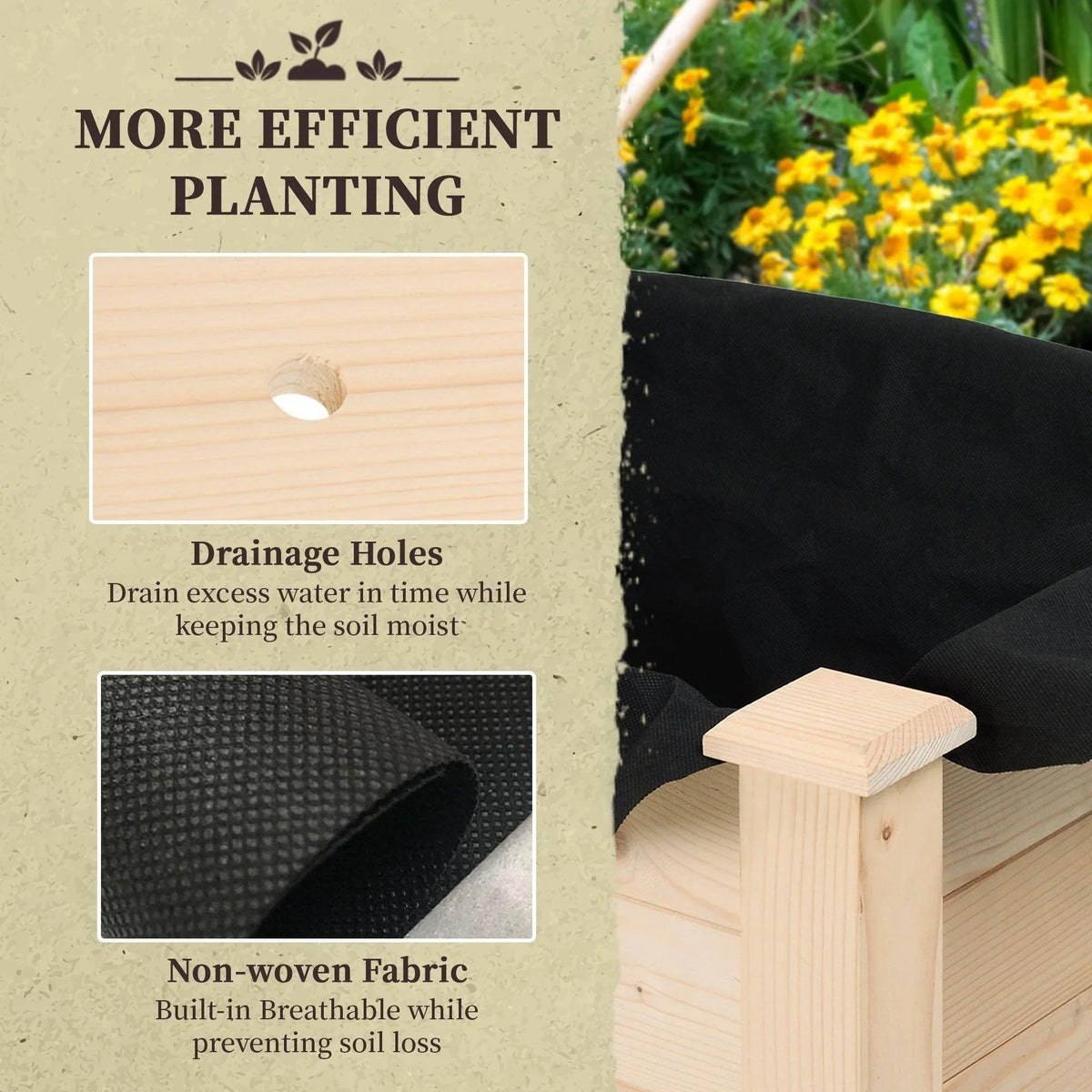 Wooden raised garden planter with drainage holes and black non-woven soil fabric