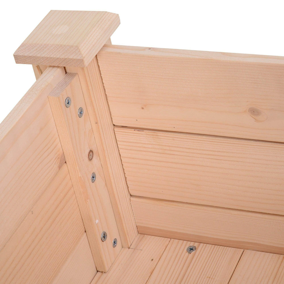 Corner join detail of light wood raised garden planter with metal screws