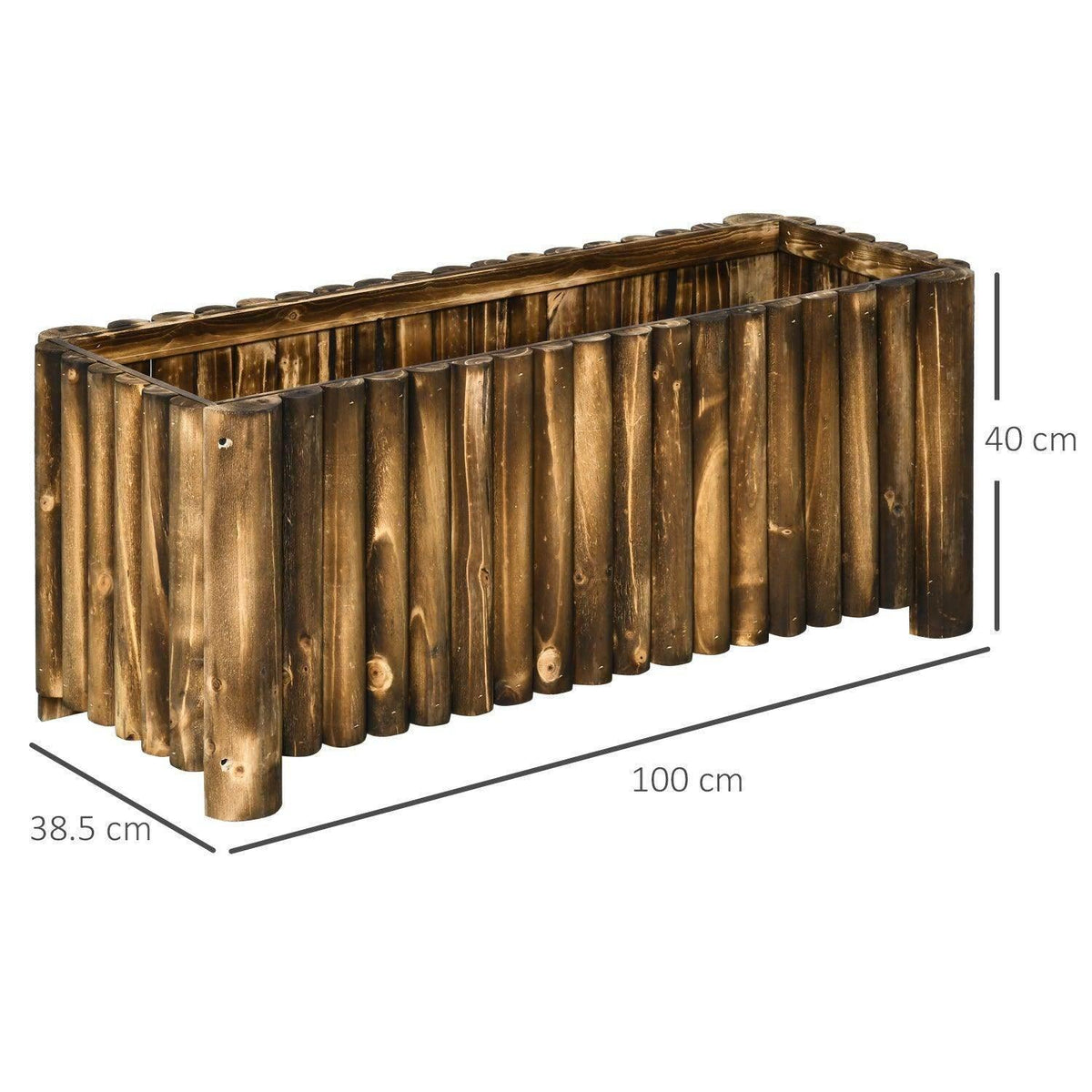 Wooden raised garden planter bed with curved end and vertical slats, side view