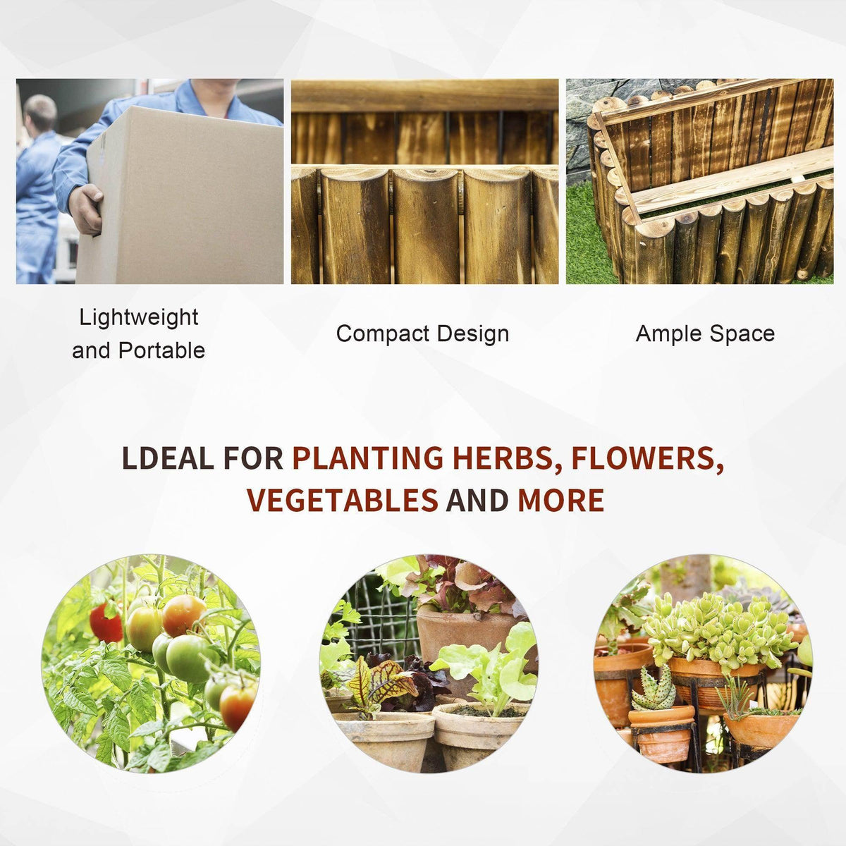 Wooden raised planter bed shown with herbs, flowers, and vegetables in small pots
